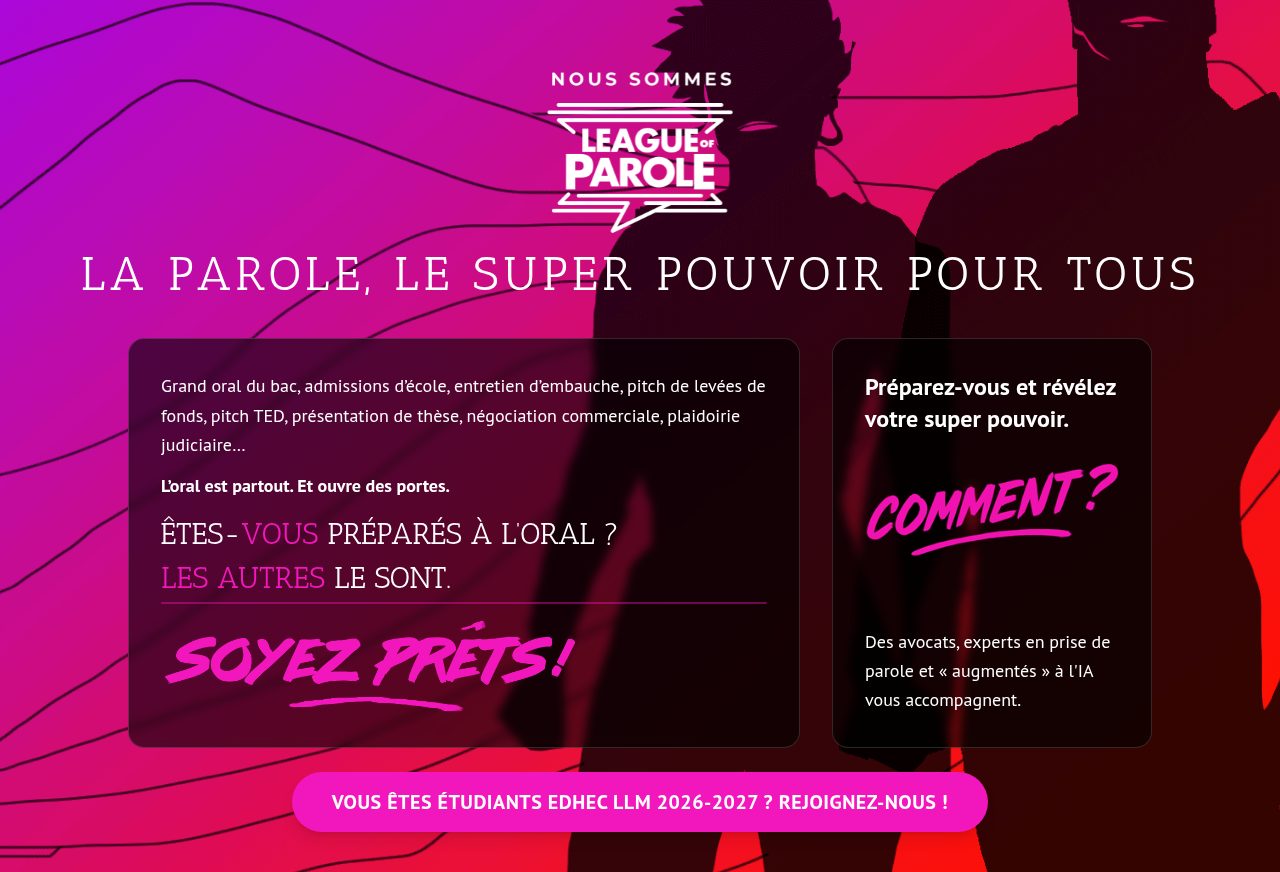 Page d'accueil League of Parole avec le bouton d'accès étudiants